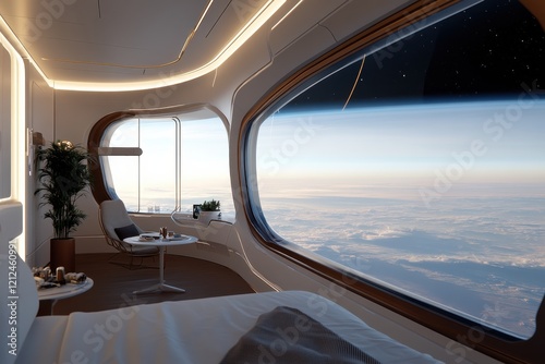A serene bedroom in a spacecraft features a large window that opens up to breathtaking views of the horizon, emphasizing the isolation and beauty of space travel.