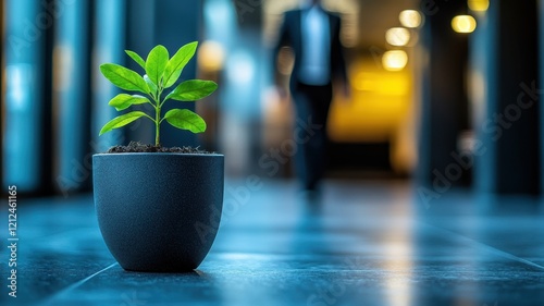 Closeup of a potted office plant leaf modern office photography indoor ground level greenery concept photo