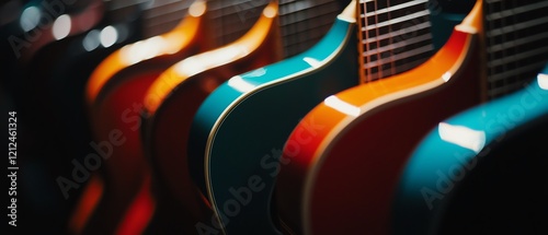 A vibrant arrangement of colorful guitars showcasing different designs and styles, perfect for music lovers and enthusiasts. photo
