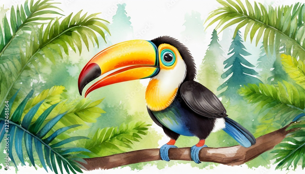 Fototapeta premium Cute baby Toucan smiling happily in a forest background, children's book style, watercolor effect