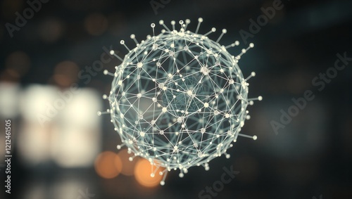 A glowing 3D sphere representing a neural network, with fine connected lines, floating on a blurred gradient background