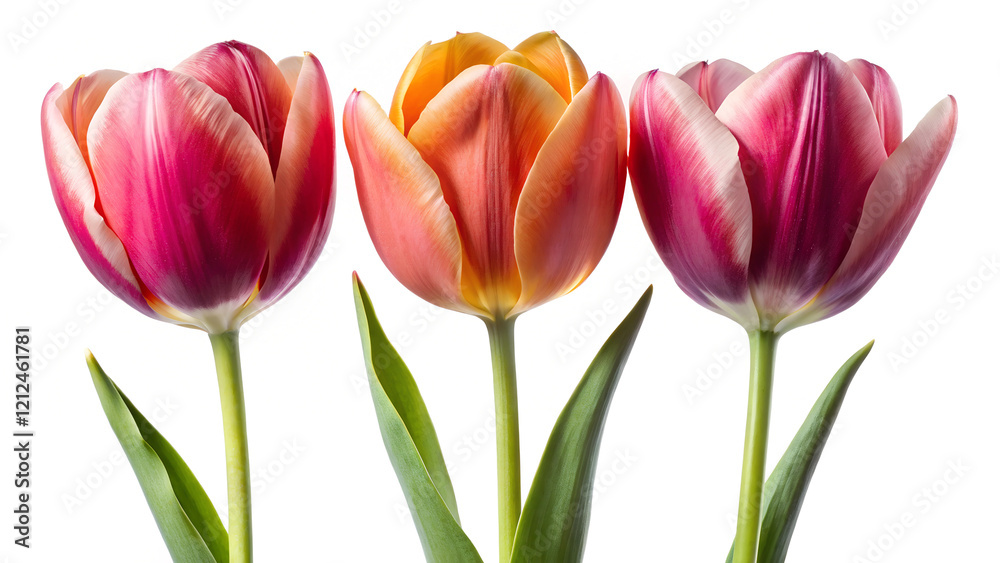 Fototapeta premium Trio of elegant blooming tulips, cut out on the white background 