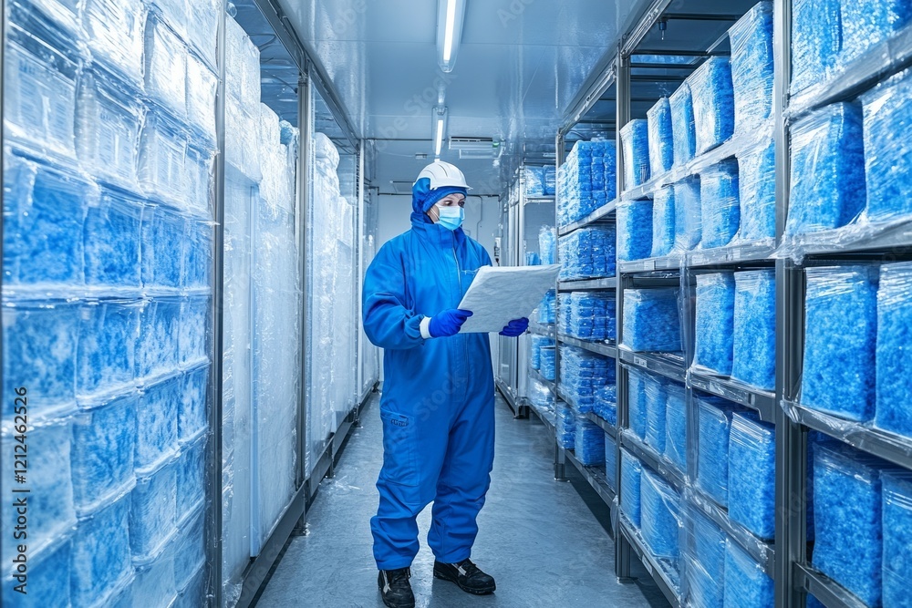 Food technician wearing protective suit and mask checking documents while standing between shelves with packed frozen products in food processing plant storage