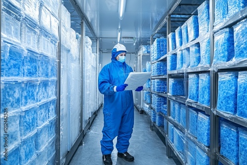 Obraz na płótnie Food technician wearing protective suit and mask checking documents while standing between shelves with packed frozen products in food processing plant storage w salonie