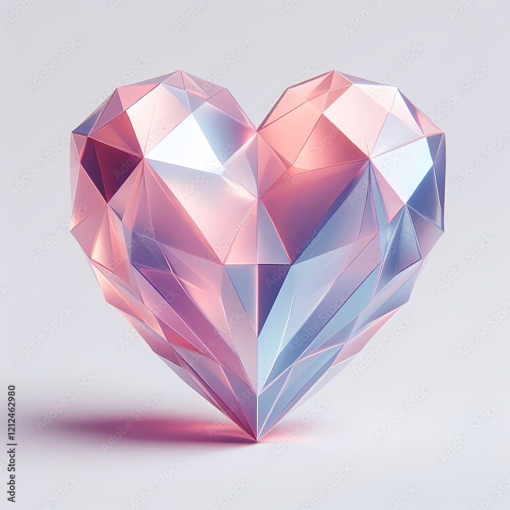 Faceted Crystal Heart with Soft Highlights white background, Valentine's Day Faceted Crystal Heart with Soft Highlights white background, Valentine's Day