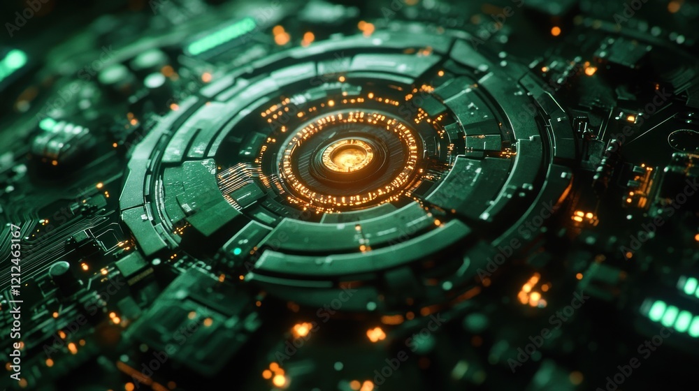 Close-up of a futuristic, circular technological device with glowing orange and green elements. Close-up of a futuristic, circular technological device with glowing orange and green elements.