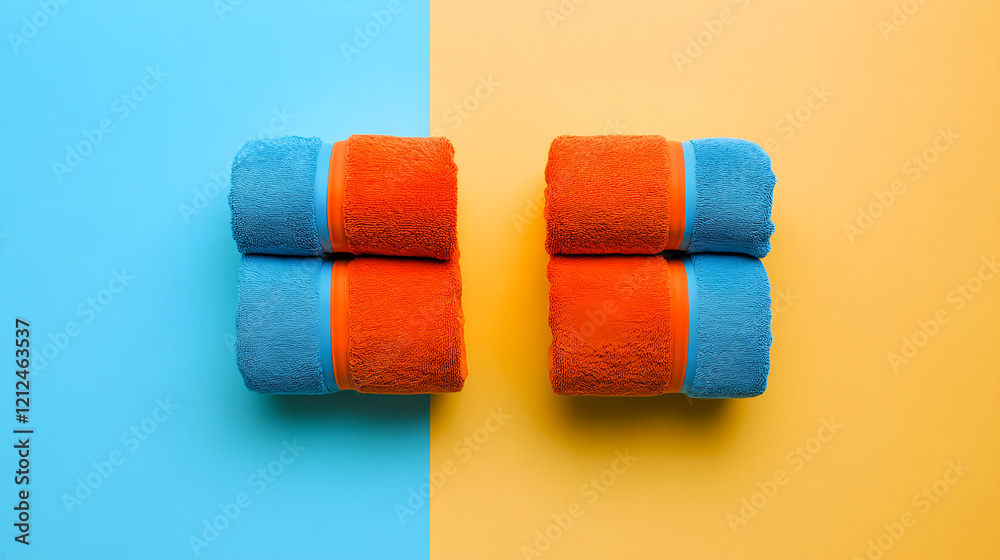 Brightly colored towels stacked on vibrant background home decor flat lay colorful environment overhead view minimalism