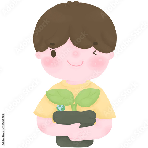 A Young Boy Protecting Nature with a Tree for Environmental Awareness