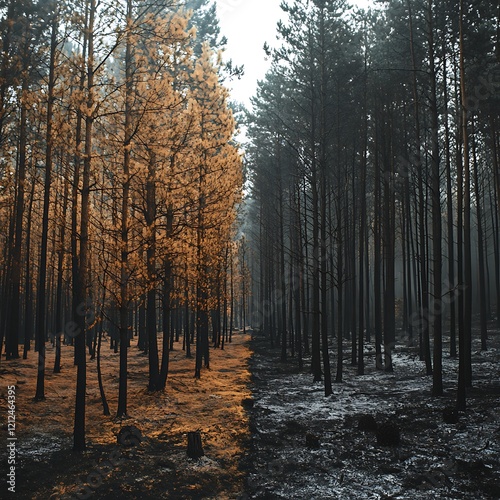 Burnt pine forest contrasted with untouched greenery. photo