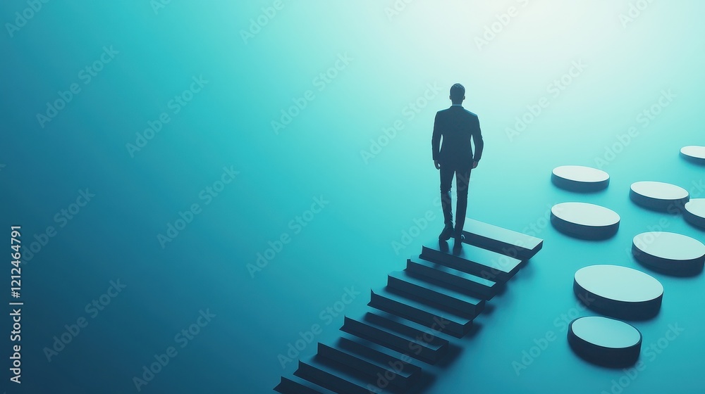 Business leader ascending steps towards achievement flat design top view motivational theme 3D render Complementary Color Scheme Business leader ascending steps towards achievement flat design top view motivational theme 3D render Complementary Color Scheme