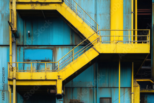 Industrial Staircase with Bold Yellow and Blue Design photo