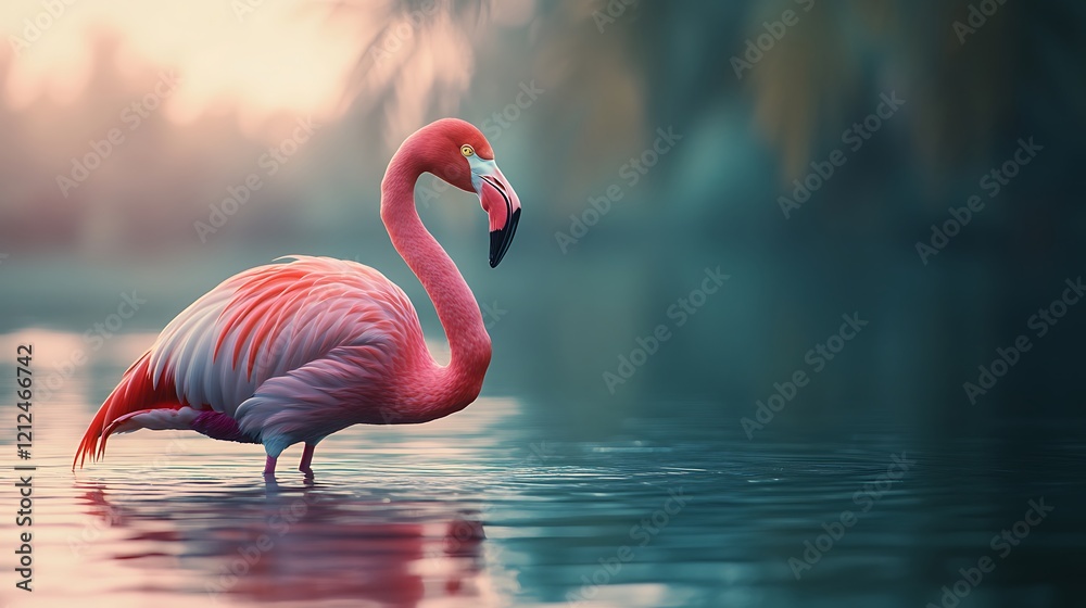 Fototapeta premium Serene flamingo basking in warm golden light.