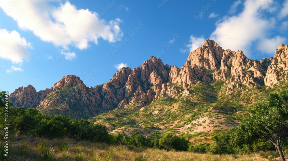 Fototapeta premium A stunning mountain landscape under a clear blue sky, showcasing rugged peaks and lush greenery at the base.