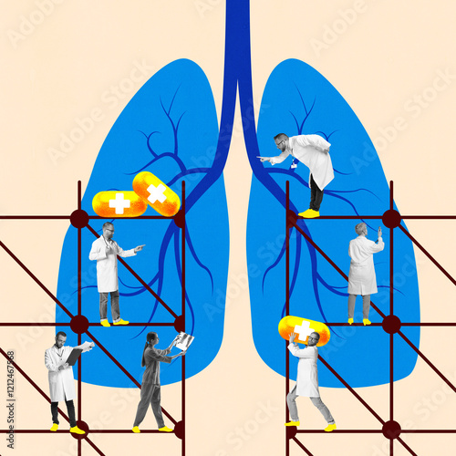 Team of doctors working on lung diagram with pills and scaffolding, representing teamwork in respiratory health. Conceptual art design. Concept of health care, medicine, treatment, science