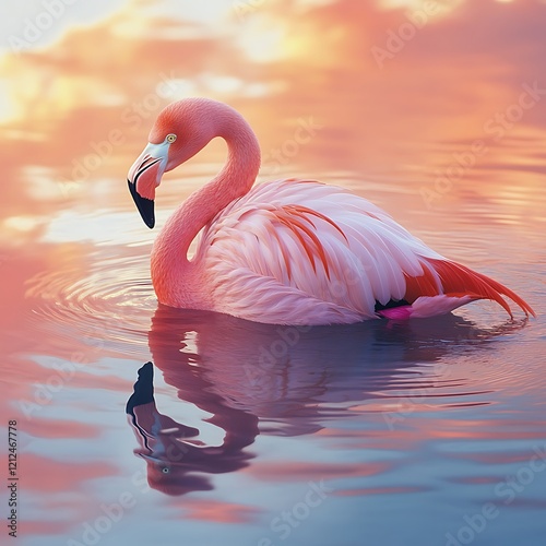 Wading flamingo silhouetted by sunset's golden hues. photo