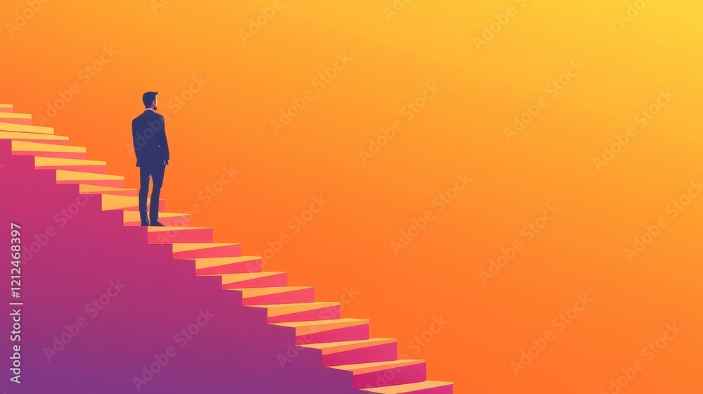 Businessman on staircase symbolizing growth flat design side view office theme animation vivid Businessman on staircase symbolizing growth flat design side view office theme animation vivid