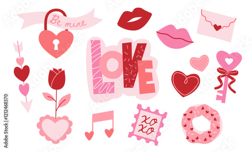 Fun love concept stickers set. Trendy flat design illustration with heart lock, rose, lips, hearts, sweets, envelope and other romantic symbols