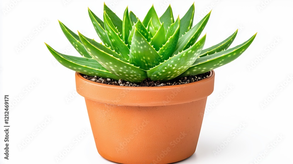 Vibrant Green Aloe Vera Plant in a Clay Pot on White Background Vibrant Green Aloe Vera Plant in a Clay Pot on White Background