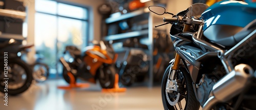 Close-up of modern motorcycles in a garage, showcasing sleek designs and vibrant colors, perfect for automotive enthusiasts. photo