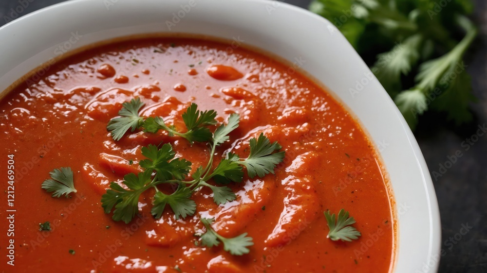 A bowl of vibrant red soup garnished with fresh cilantro, ready to be served. A bowl of vibrant red soup garnished with fresh cilantro, ready to be served.