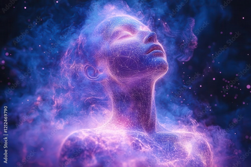 a luminous human silhouette emanating ethereal waves of bio-electromagnetic energy, rendered in iridescent blues and purples, with sacred geometry patterns floating in a mystical atmosphere