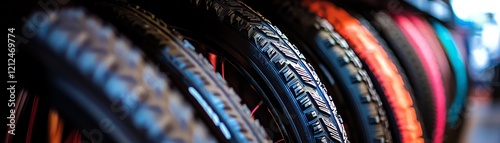 Close-up of various bicycle tires showcasing different treads and colors, ideal for showcasing cycling and transportation themes. photo