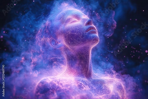 Obraz na płótnie a luminous human silhouette emanating ethereal waves of bio-electromagnetic energy, rendered in iridescent blues and purples, with sacred geometry patterns floating in a mystical atmosphere w salonie