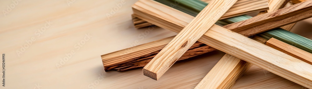 Close-up of wooden planks stacked on a table, showcasing the natural textures and grains of various types of wood. Close-up of wooden planks stacked on a table, showcasing the natural textures and grains of various types of wood.