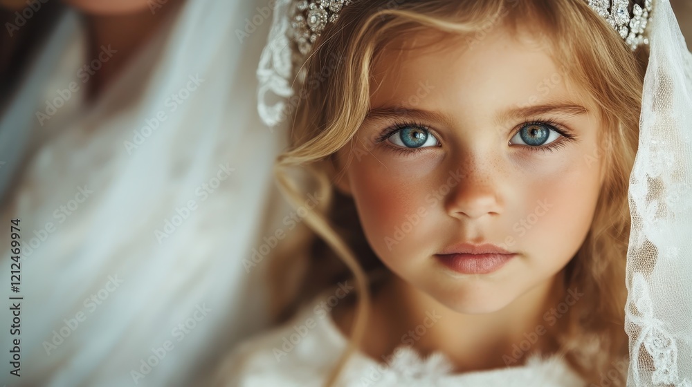 This exquisite portrait captures a young girl in wedding attire, her expression filled with wonder against a blurred backdrop, symbolizing innocence and the joy of love. This exquisite portrait captures a young girl in wedding attire, her expression filled with wonder against a blurred backdrop, symbolizing innocence and the joy of love.
