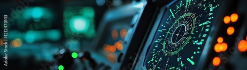 Close-up view of advanced digital control screen displaying data metrics and graphs in a modern technological environment.