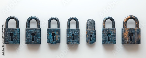 Cyber data, privacy, and network protection concept featuring padlocks with binary code and microcircuit details on a light surface against a clean white background photo