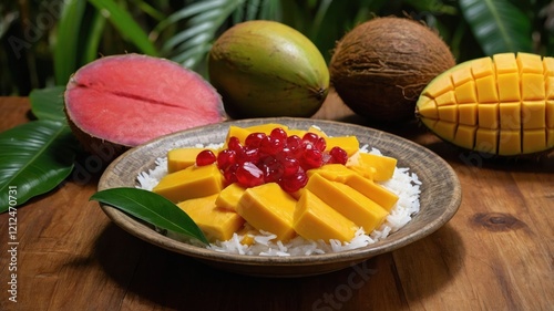 A vibrant dish featuring mango, rice, and fruits, showcasing tropical flavors and colors. photo