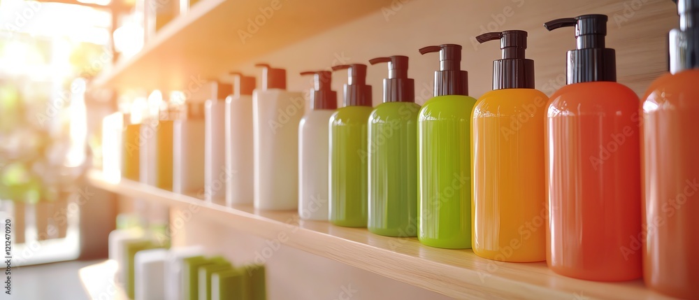 Colorful bottles of liquid soap arranged on a wooden shelf, bathed in warm sunlight, create an inviting atmosphere. Colorful bottles of liquid soap arranged on a wooden shelf, bathed in warm sunlight, create an inviting atmosphere.