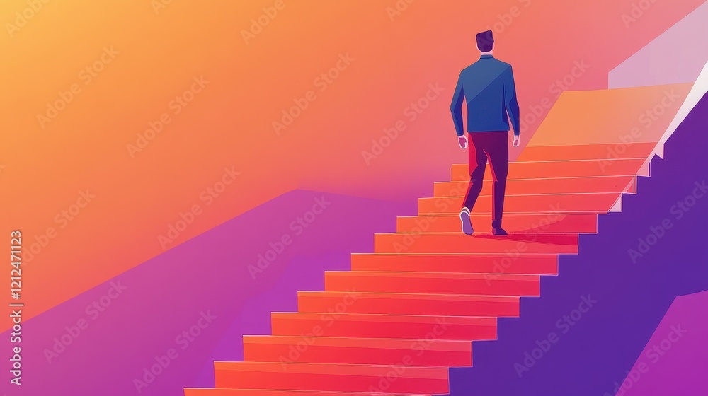 Entrepreneur on stairs moving towards goal flat design front view corporate theme animation vivid Entrepreneur on stairs moving towards goal flat design front view corporate theme animation vivid