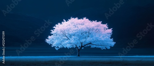Ethereal bioluminescent tree with glowing leaves casting light over a tranquil nighttime landscape surreal natural wonder