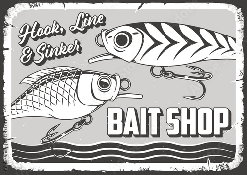 Bait shop sign featuring fishing lures and hooks