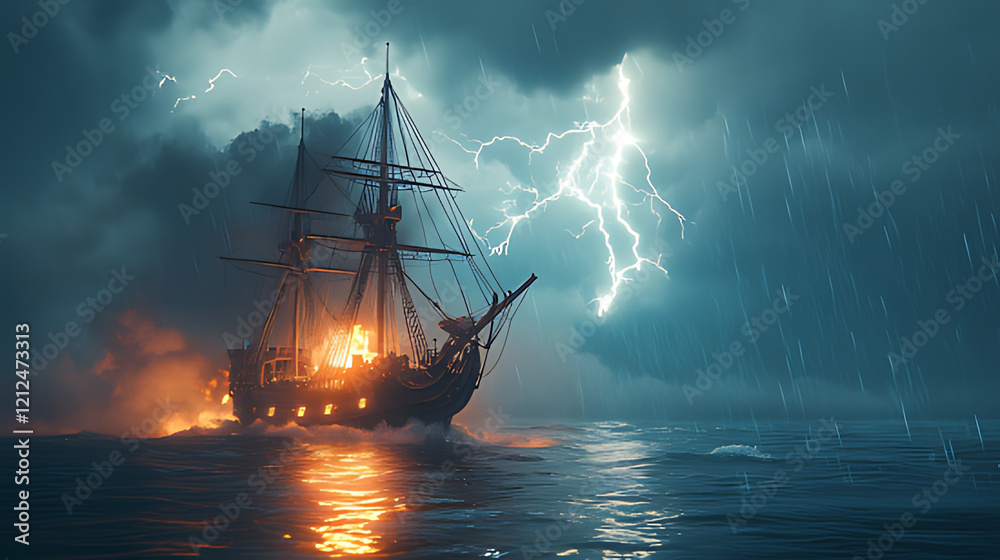 Obraz premium Stormy sea, burning ship, lightning, ocean, adventure game backdrop