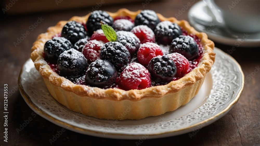 A delicious berry tart topped with powdered sugar and mint, served on an elegant plate. A delicious berry tart topped with powdered sugar and mint, served on an elegant plate.