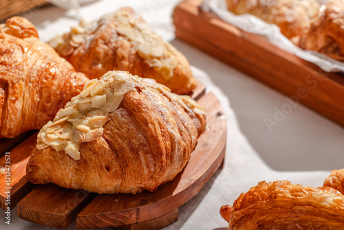 Golden flaky croissants with almond toppings displayed on a rustic wooden board, set on a white tablecloth with a red checkered napkin, creating a cozy and inviting bakery atmosphere photo