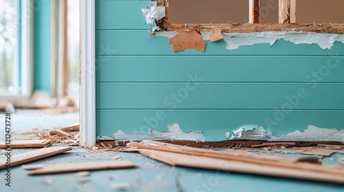 The image presents a close-up view of a partially removed wall, revealing peeling paint and exposed wood, conveying a sense of neglect and the need for renovation. photo