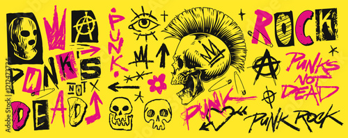 Bold punk rock graphic with skulls and symbols