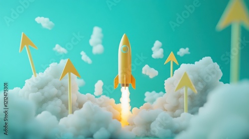 Yellow rocket launching amidst clouds and upward arrows, symbolizing growth and success.