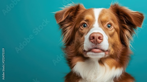 This heartwarming image features a charming dog with warm eyes, captivating the viewer with its friendly appearance and playful spirit against a colorful background. photo