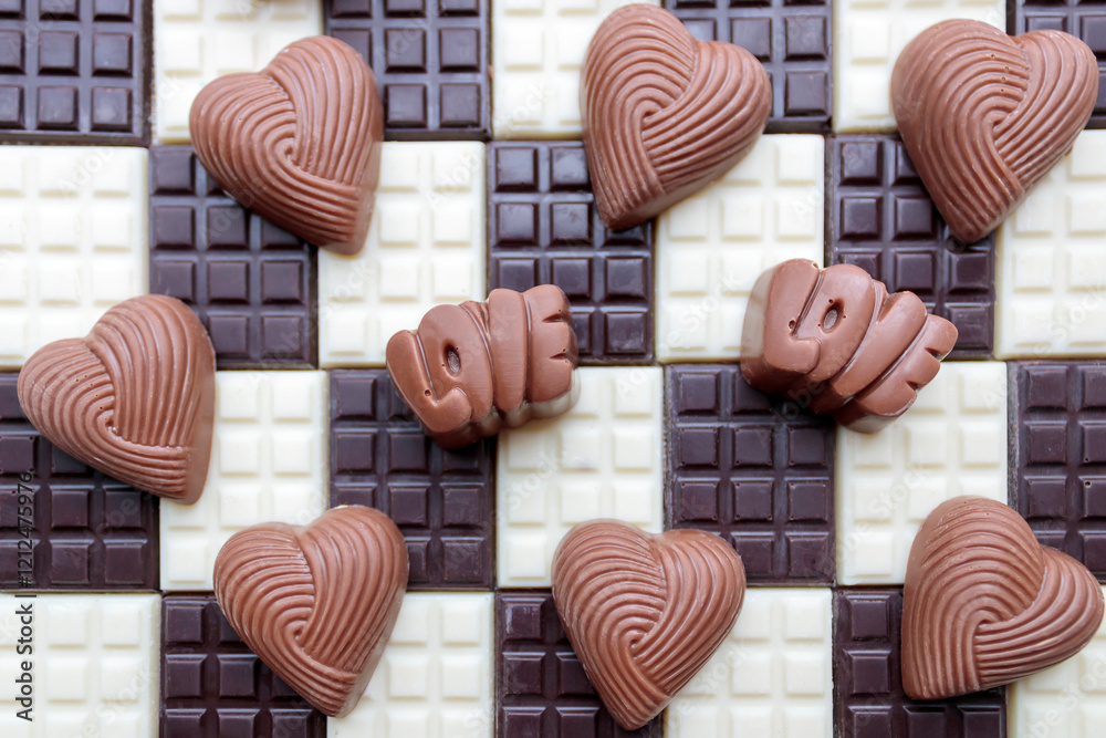 Fotografie Love heart shaped chocolate candies on checked pattern background