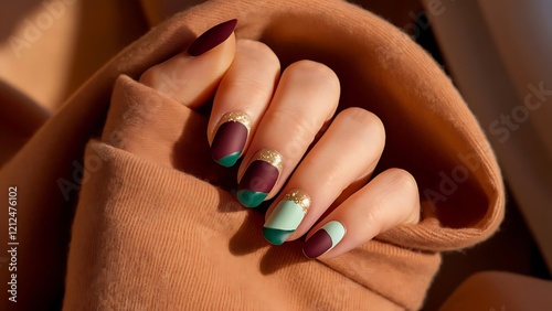 Close-Up of Burgundy and Emerald Nail Art Styled with Warm Aesthetic photo