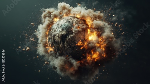 A powerful explosion in space showcasing a fiery planet enveloped by clouds of debris, conveying a sense of chaos and destruction. It's an artistic interpretation of cosmic events. photo