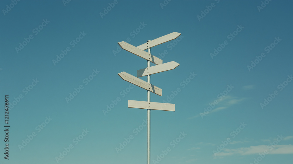 Signpost Against Blue Sky: A weathered signpost with multiple blank directional arrows points towards an optimistic future against a vibrant blue sky, symbolizing choices and opportunities. Signpost Against Blue Sky: A weathered signpost with multiple blank directional arrows points towards an optimistic future against a vibrant blue sky, symbolizing choices and opportunities.