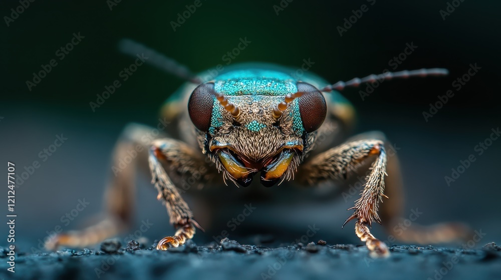 An extreme close-up of a vibrant and intricate insect showcases its unique features, highlighting the colorful patterns and textures of its body and eyes in stunning detail.