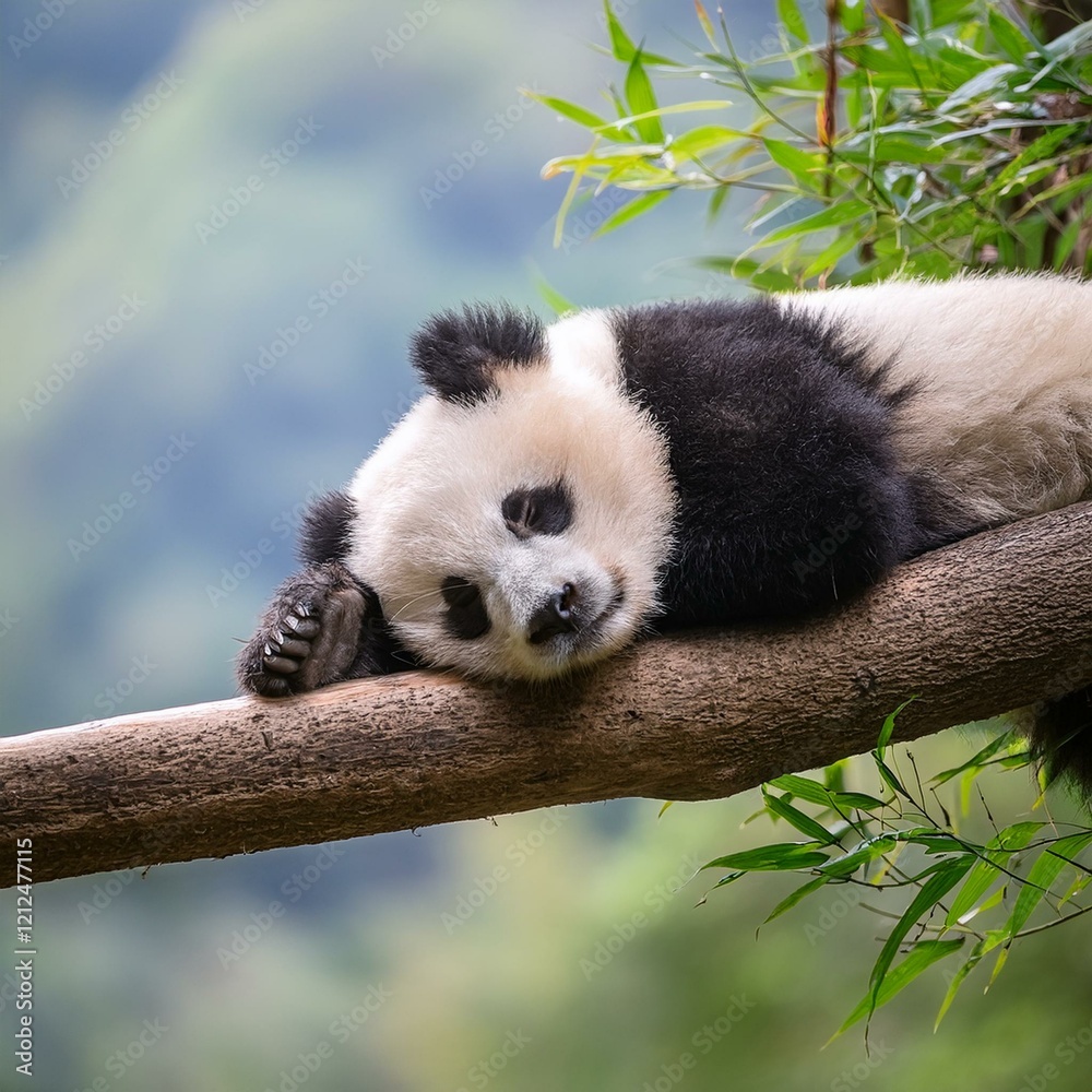 Obraz premium Lazy Panda Bear Sleeping on a Tree Branch, China Wildlife. Bifengxia nature reserve, Sichuan Province.