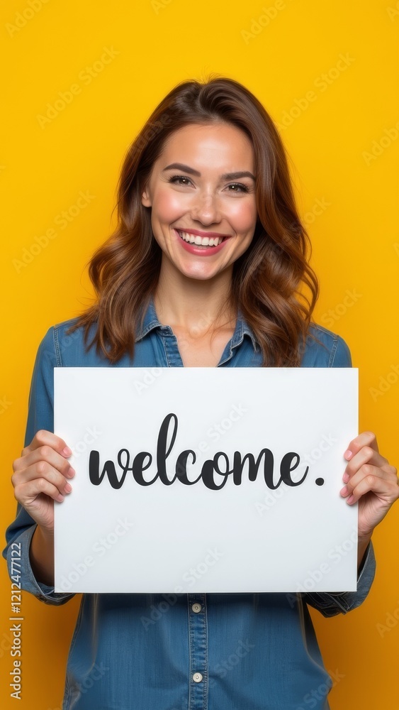Beautiful modern smiling woman in a jeans shirt is holding a sign with the inscription Beautiful modern smiling woman in a jeans shirt is holding a sign with the inscription